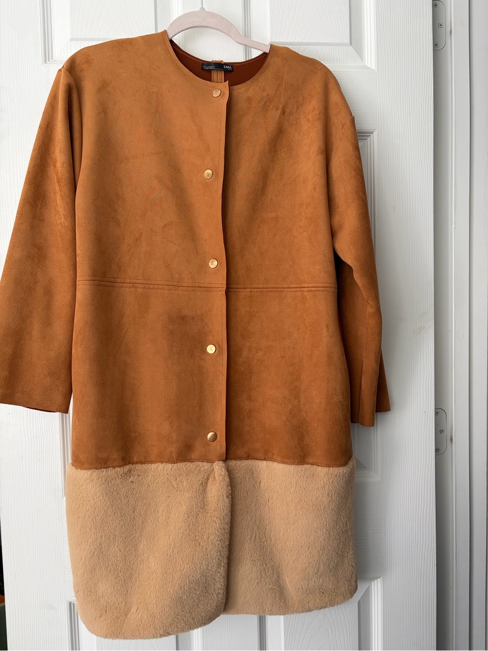 Zara Two-Tone Teddy Hem Coat in Rust and Beige